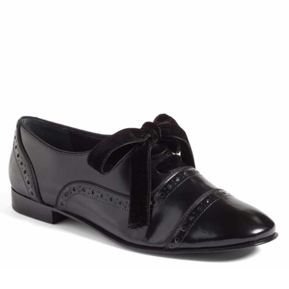 Tory Burch Black Leather Haverford Cap Toe Oxford Shoes with Velvet Laces Size 7